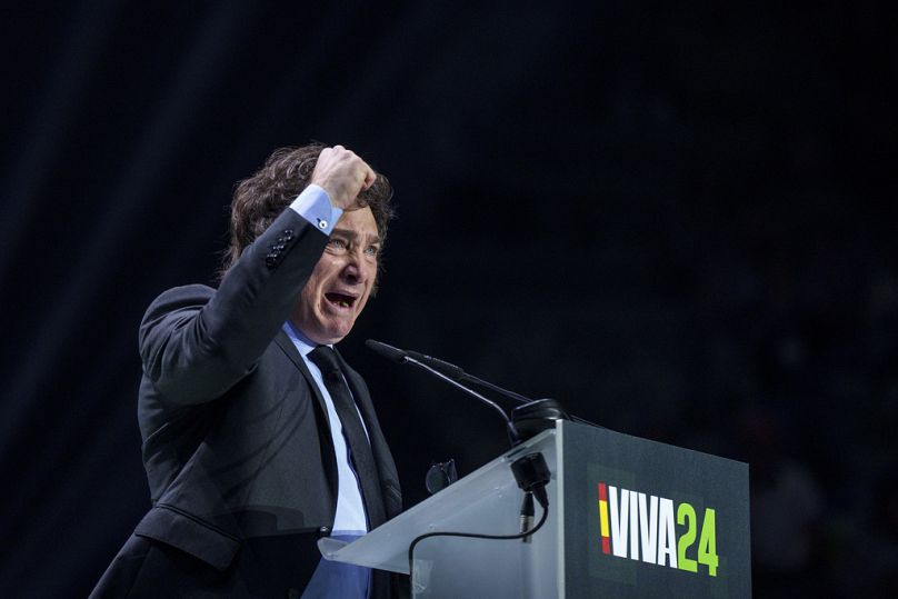 Argentina's president Javier Milei gestures as he delivers a speech on stage during the Spanish far-right wing party Vox's rally