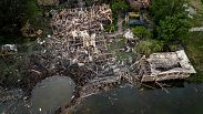 Destroyed resort compound is seen from above after a Russian rocket attack near Kharkiv, Ukraine, Sunday, May 19, 2024.