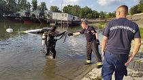 A damaged boat at the northern edge of Budapest where it was towed after being discovered in the water by police following a boat collision on the Danube, May 19, 2024