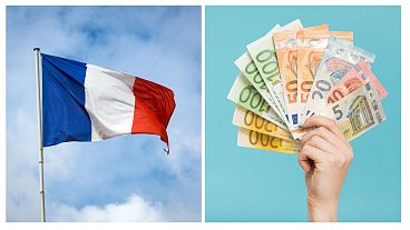 اسکناس‌های یورو (راست) پرچم فرانسه (چپ)