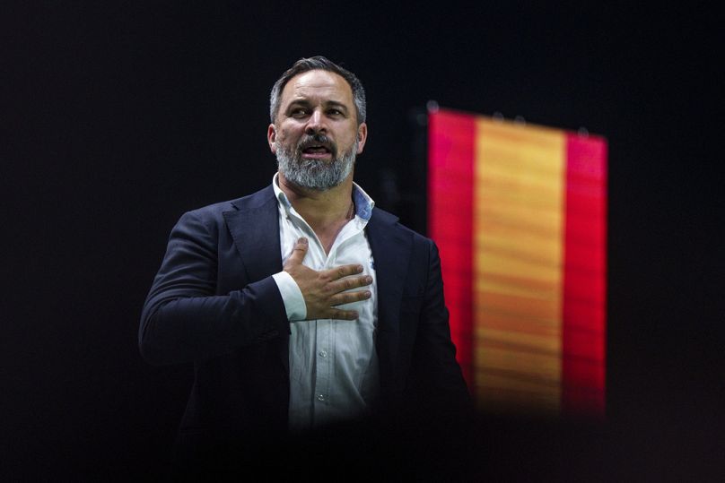 Santiago Abascal, leader of the far right VOX party gestures as he delivers a speech on stage during Vox's rally in Madrid, Spain. May 19, 2024.