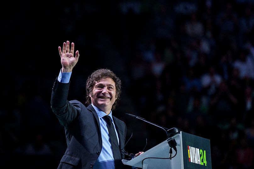 Argentina's president Javier Milei gestures as he delivers a speech on stage during the Span's right-wing party Vox's rally "Europa Viva 24" in Madrid, Sunday, May 19, 2024.