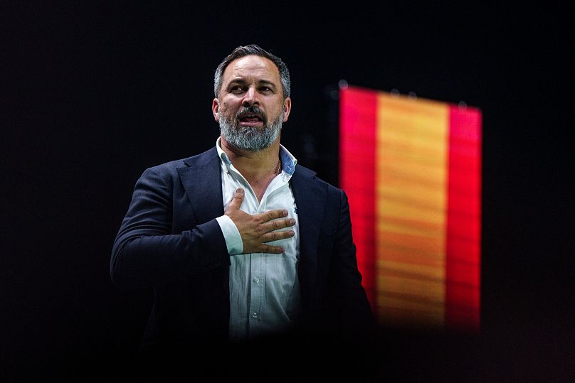 Santiago Abascal, leader of the far right VOX party gestures as he delivers a speech on stage during the Spanish party Vox's rally 'Europa Viva 24 in Madrid, May 19, 2024.