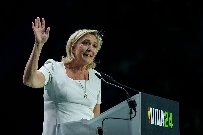 French far-right National Rally party leader Marine Le Pen delivers a speech on stage during the Spanish party Vox's rally 'Europa Viva 24' in Madrid, May 19, 2024.