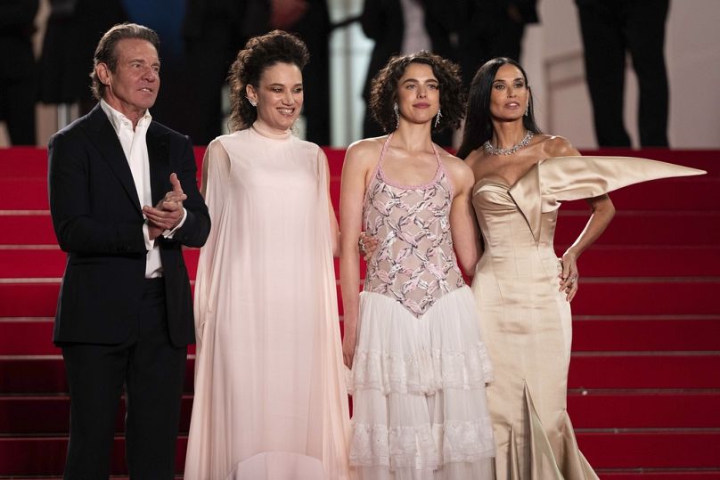 Director Coralie Fargeat, Dennis Quaid, Margaret Qualley, and Demi Moore at the premiere of 'The Substance', 19 May 2024.