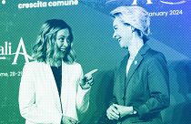 Italian Premier Giorgia Meloni shares a light moment as she welcomes European Commission President Ursula von der Leyen in Rome, January 2024