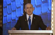 Israeli Prime Minister Benjamin Netanyahu addresses a ceremony marking Memorial Day for fallen soldiers of Israel's wars Monday, May 13, 2024.