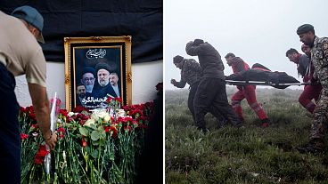 انتقال اجساد جان باختگان سانحه سقوط بالگرد حامل ابراهیم رئیسی (راست)‌ اهدای گل در سفارت ایران در مسکو (چپ)