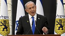 Israeli Prime Minister Benjamin Netanyahu speaks at a ceremony for the 'Remembrance Day for the Fallen of Israel's Wars and Victims of Terrorism' in Jerusalem, May 12, 2024