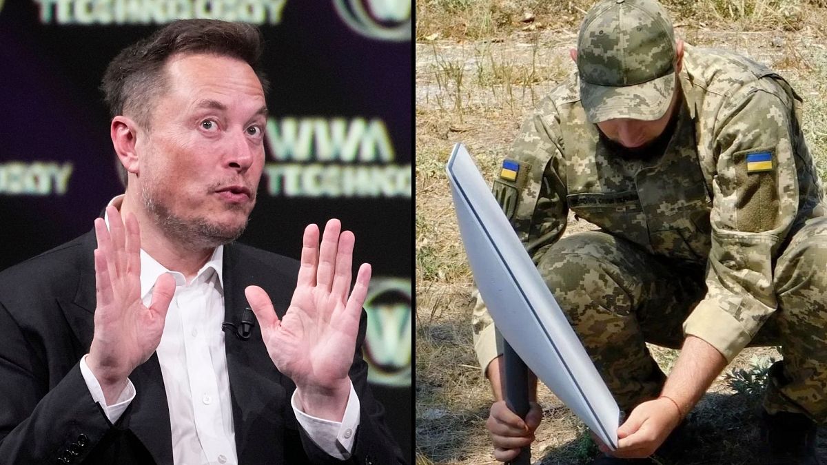 Musk és egy ukrán katona egy Starlink egységgel