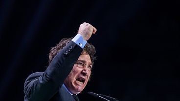 الرئيس الأرجنتيني خافيير ميلي يلقي خطابًا خلال مسيرة حزب فوكس الإسباني اليميني المتطرف
