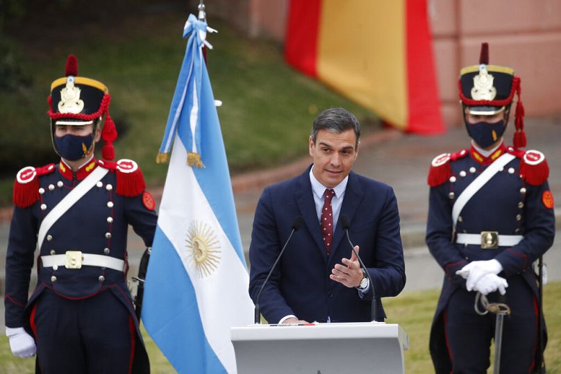 Spain's Prime Minister Pedro Sanchez speaks outside La Casa Rosada during his one day visit to Buenos Aires, 9 June 2021