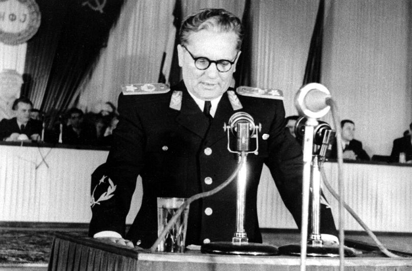 Yugoslavia Premier Josip Broz Tito addresses the opening session of Yugoslavia's Third Congress of the People's Front at Belgrade on April 9, 1949.