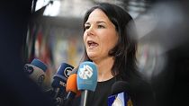 Germany's Foreign Minister Annalena Baerbock speaks with the media, in Brussels, Monday, March 18, 2024. Germany's Foreign Minister Annalena Baerbock speaks with the media, in Brussels, Monday, March 18, 2024.