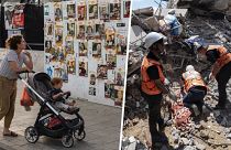 A Hamász terroristái által elrabolt túszok fala, illetve mentés Nuseiratban egy izraeli légitámadás után