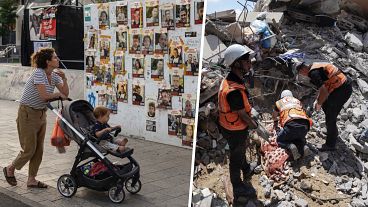A Hamász terroristái által elrabolt túszok fala, illetve mentés Nuseiratban egy izraeli légitámadás után