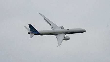 A Boeing 777 performs a demonstration flight at the International Paris Air Show, June 19, 2023.