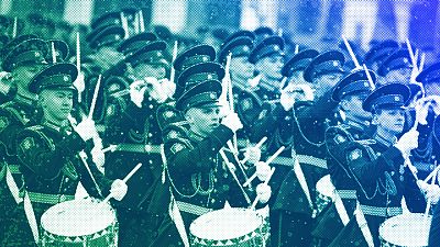 Russian military cadets march during the Victory Day military parade in Moscow, 9 May 2024