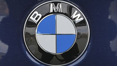This is the BMW logo on a BMW automobile on display at the Pittsburgh International Auto Show in Pittsburgh, Feb. 15, 2024. (AP Photo/Gene J. Puskar)