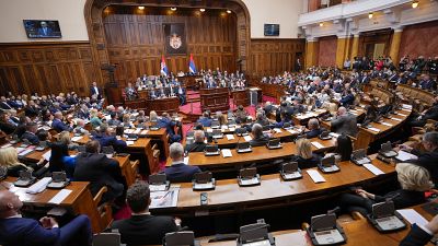 Serbia's Prime Minister designate Milos Vucevic presents a plan for the new government to the parliament members in Belgrade, Serbia, Wednesday, May 1, 2024. 