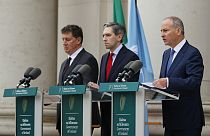 The three leaders of the Irish left-wing government, Minister Eamon Ryan, Taoiseach Simon Harris and Tanaiste Micheal Martin on 22 May 2024.