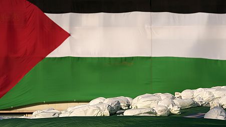 پرچم فلسطین در پس‌زمینه اجساد نمادین کودکان فلسطینی جان باخته در جنگ غزه؛ عکس در تهران 