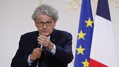 European commissioner for Internal Market Thierry Breton speaks during a meeting with members of artificial intelligence sector, at the Elysee Palace in Paris.