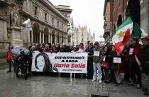 People gather to raise awareness of the case of the Italian antifascist activist Ilaria Salis detained in Hungary, in Milan, Italy, Saturday, Feb. 10, 2024