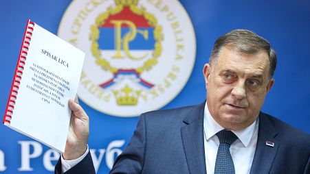 Bosnian Serb political leader Milorad Dodik shows documents during a press conference in Srebrenica, Bosnia, Thursday, May 23, 2024.