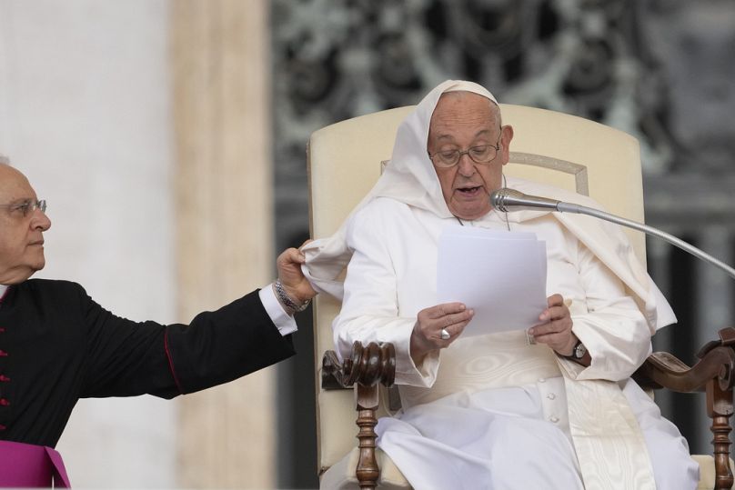 Pope Francis holds his weekly general audience in St. Peter's Square, at the Vatican, Wednesday, May 22, 2024.