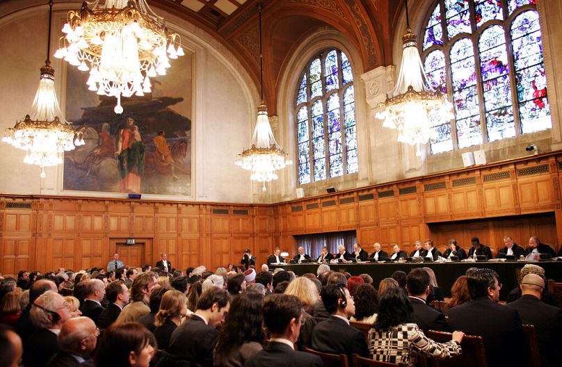 Overview of the courtroom at the International Court of Justice, also known as the World Court, in The Hague, the Netherlands
