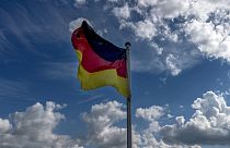 A German national flag waves on a field in the outskirts of Frankfurt, Germany, Wednesday, May 22, 2024. (AP Photo/Michael Probst)