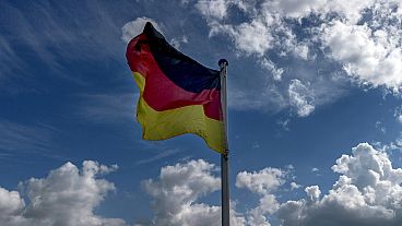 A German national flag waves on a field in the outskirts of Frankfurt, Germany, Wednesday, May 22, 2024. (AP Photo/Michael Probst)