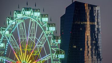 A ferris wheel pictured near the European Central Bank in Frankfurt, Germany