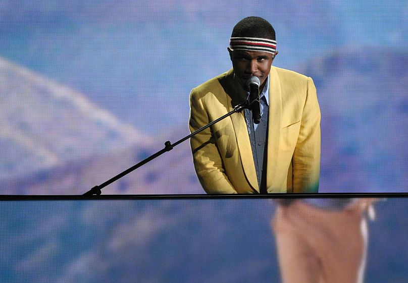 Frank Ocean performs on stage at the 55th annual Grammy Awards in Los Angeles.
