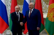 Russian President Vladimir Putin (left) shaking hands with Belarusian President Alexander Lukashenko in Minsk, Belarus, Friday, May 24, 2024.