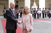 Дa première ministre italienne, Giorgia Meloni, et le premier ministre palestinien, Mohammad Mustafa, samedi 25 mai à Rome. 