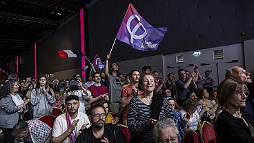 Sostenitori del partito di estrema sinistra La France Insoumise partecipano a un comizio politico, 25 maggio 2024