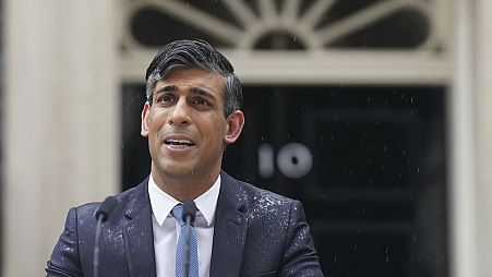 Britain's Prime Minister Rishi Sunak delivers a statement, outside 10 Downing Street, London
