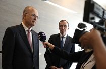 Prime Minister of the Palestinian Authority Mohammed Mustafa, left, and Norway's Foreign Minister Espen Barth Eide speak to the media in Brussels, May 26, 2024