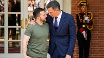 Ukrainian President Volodymyr Zelenskyy, left, is welcomed by Spain's Prime Minister Pedro Sanchez at the Moncloa palace in Madrid on Monday, May 27, 2024