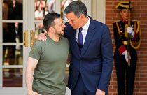 Ukrainian President Volodymyr Zelenskyy, left, is welcomed by Spain's Prime Minister Pedro Sanchez at the Moncloa palace in Madrid on Monday, May 27, 2024