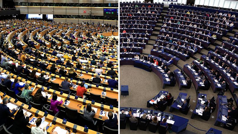 مقر پارلمان اروپا در استراسبورگ فرانسه (راست) و در بروکسل بلژیک (چپ)