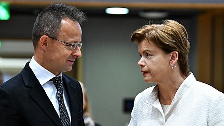 Hungary's Foreign Minister, Péter Szijjártó, pictured left, has angered his colleagues for blocking EU military assistance to Ukraine.