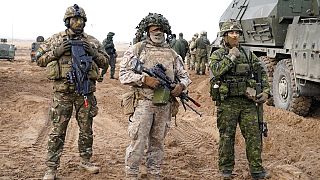DATEI - NATO-Truppen posieren für ein Foto vor Militärübungen auf dem Militärstützpunkt Adazi in Kadaga, Lettland, Dienstag, 8. März 2022. 8, 2022. 