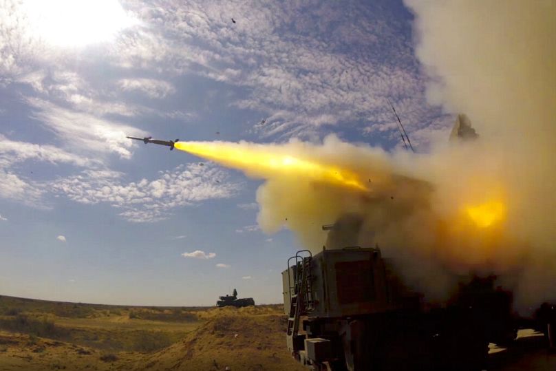 Sept. 22, 2020 by the Russian Defense Ministry Press Service, a rocket launches from a missile system at the Ashuluk military base in Southern Russia.