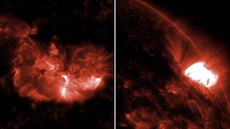 Llamaradas solares, destellos a la izquierda (8 de mayo) y a la derecha (7 de mayo)