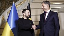 Ukraine's President Volodymyr Zelenskyy shakes hands with Belgium's Prime Minister Alexander De Croo during their meeting in Brussels, 28 May 2024