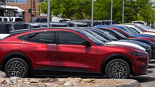 A line of unsold 2024 Mustang Mach-E electric utility vehicles sit at a Ford dealership Sunday, May 19, 2024, in Denver. (AP Photo/David Zalubowski)