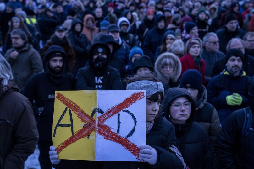 People gather to protest against the far-right Alternative for Germany, or AfD party, and right-wing extremism in front of the parliament building in Berlin, 21 January 2024